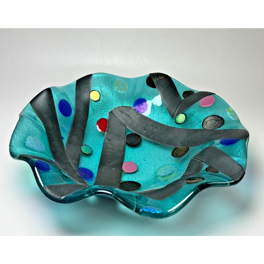 Signed Kiln Fired Fused Art Glass Bowl Dichroic Iridescent Confetti Dot Black
